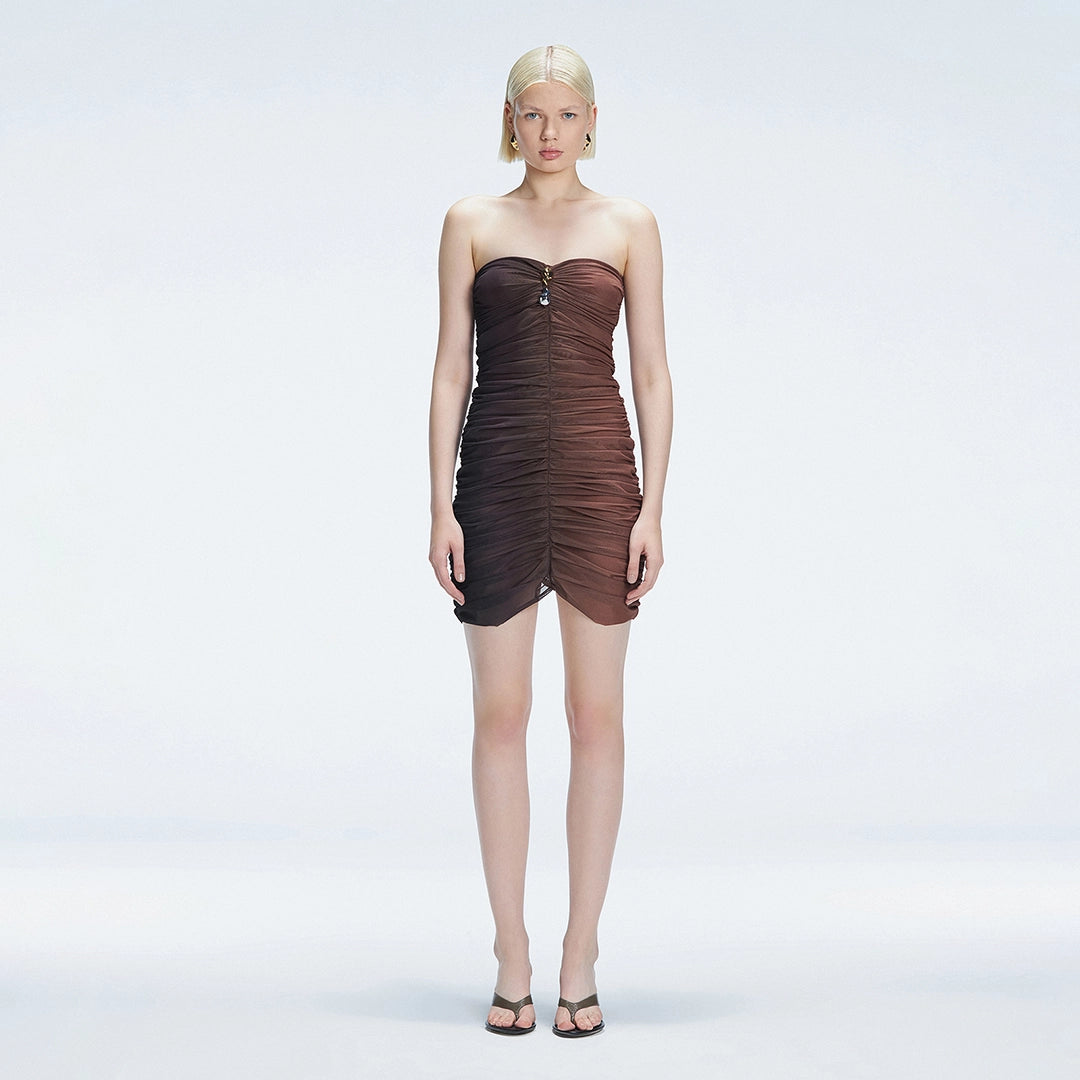 Marsiela Black Optical Bandeau Draped Mini Dress | Moeva | Dress | Each week unveils new pieces—luxury swimwear, fluid resort silhouettes, and elevated summer-to-evening essentials designed to carry you from coastal escapes to city nights.