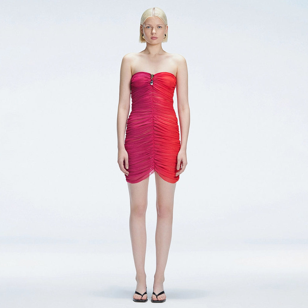 Marsiela Pink Optical Bandeau Draped Mini Dress | Moeva | Dress | Each week unveils new pieces—luxury swimwear, fluid resort silhouettes, and elevated summer-to-evening essentials designed to carry you from coastal escapes to city nights.