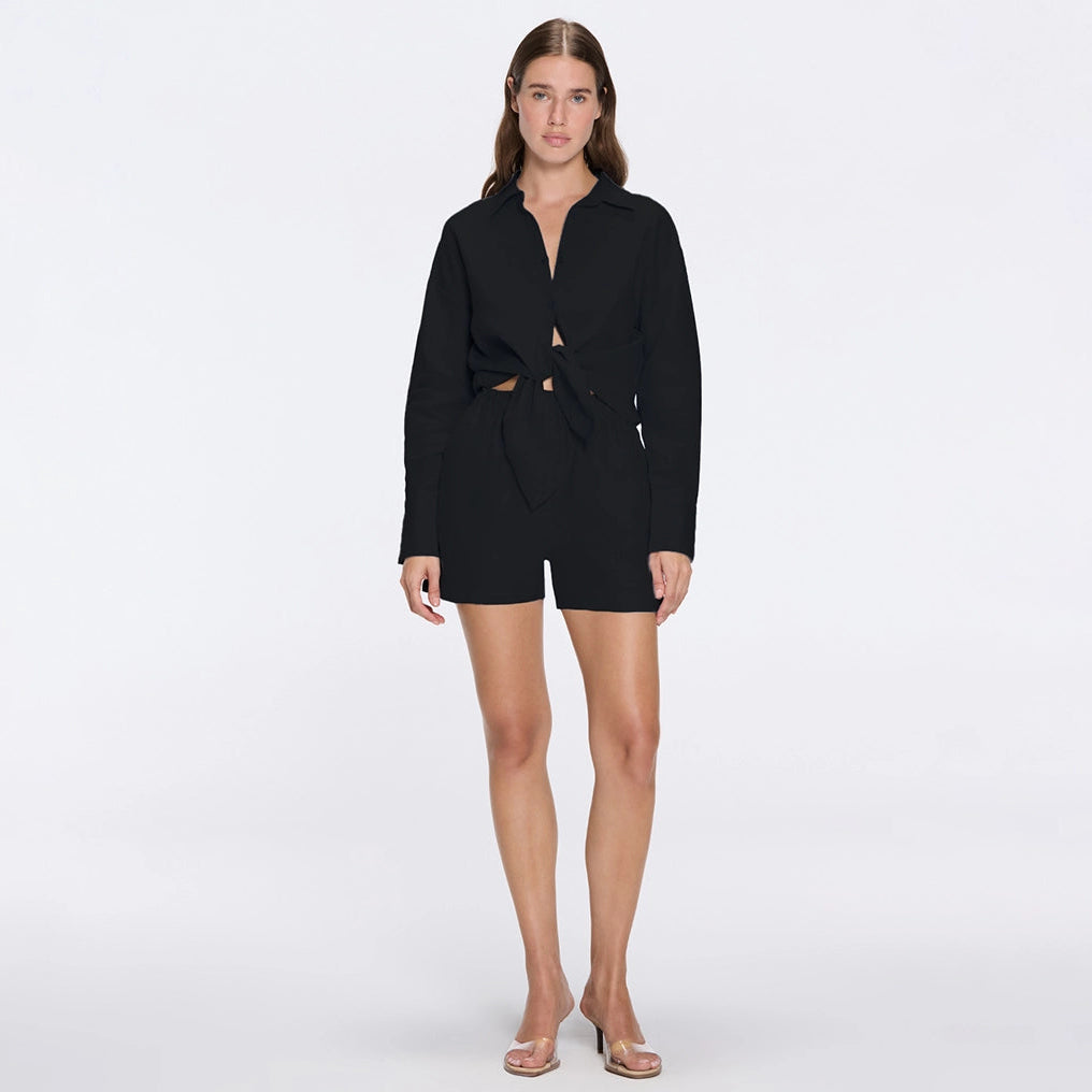 Hanson Black Long Sleeve Linen Tie Front Shirt | Moeva | Shirt | Each week unveils new pieces—luxury swimwear, fluid resort silhouettes, and elevated summer-to-evening essentials designed to carry you from coastal escapes to city nights.