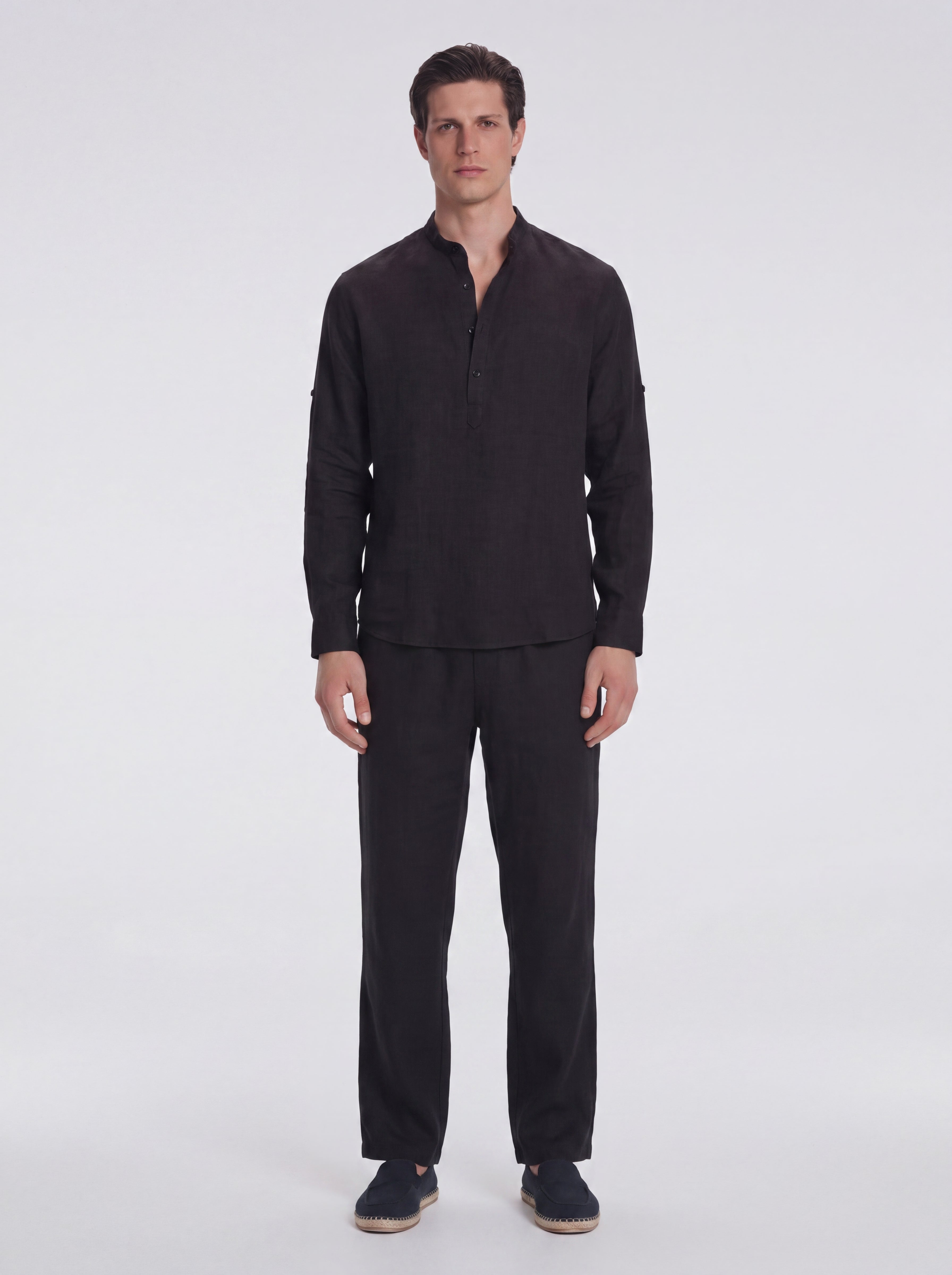 Matteo Black Linen Half-Placket Band Collar Shirt