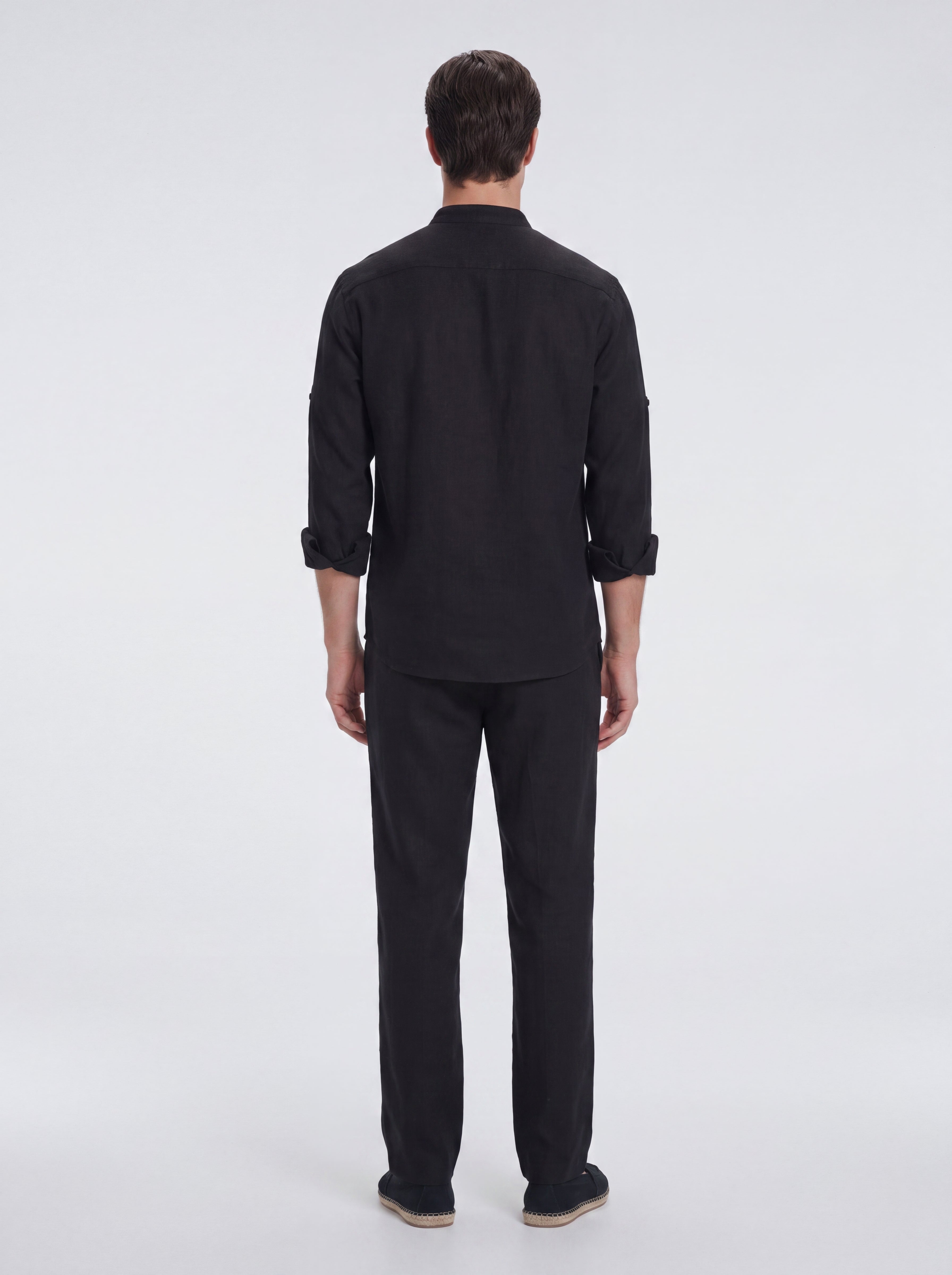 Matteo Black Linen Half-Placket Band Collar Shirt