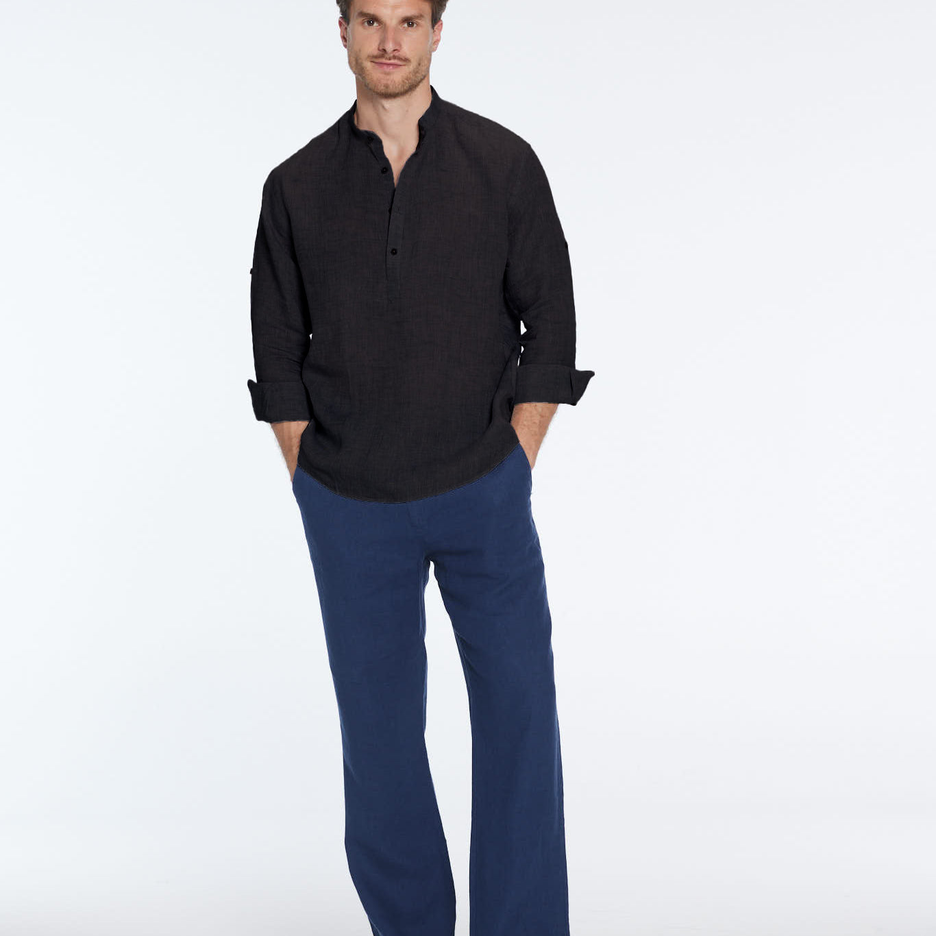 Matteo Black Linen Half-Placket Band Collar Shirt | Moeva | Shirt | Each week unveils new pieces—luxury swimwear, fluid resort silhouettes, and elevated summer-to-evening essentials designed to carry you from coastal escapes to city nights.