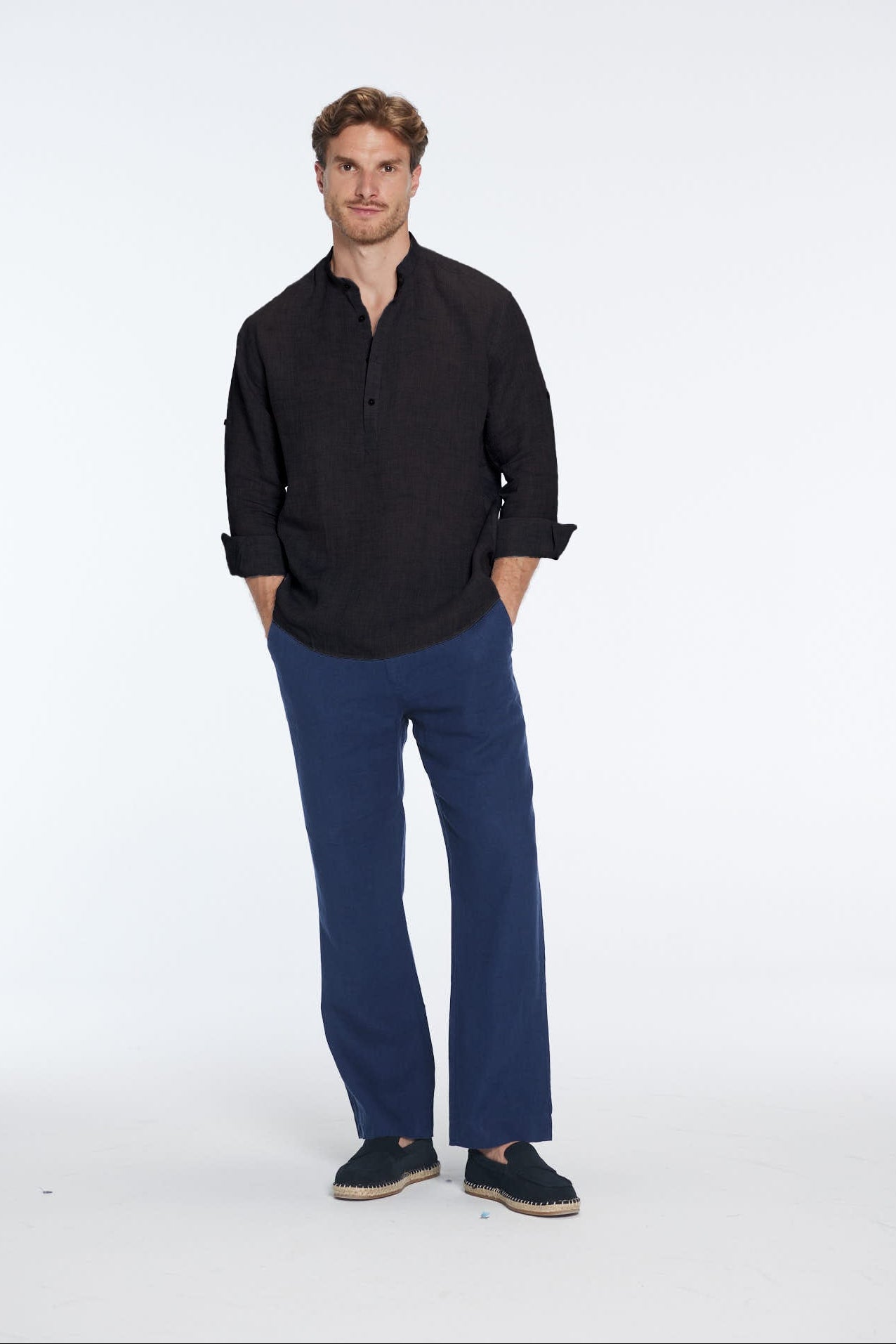 Matteo Black Linen Half-Placket Band Collar Shirt | Moeva | Shirt | Each week unveils new pieces—luxury swimwear, fluid resort silhouettes, and elevated summer-to-evening essentials designed to carry you from coastal escapes to city nights.