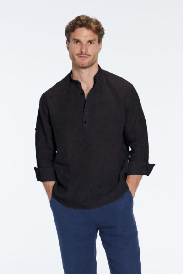 Matteo Black Linen Half-Placket Band Collar Shirt | Moeva | Men Mandarin Collar Shirts | Each week unveils new pieces—luxury swimwear, fluid resort silhouettes, and elevated summer-to-evening essentials designed to carry you from coastal escapes to city nights.