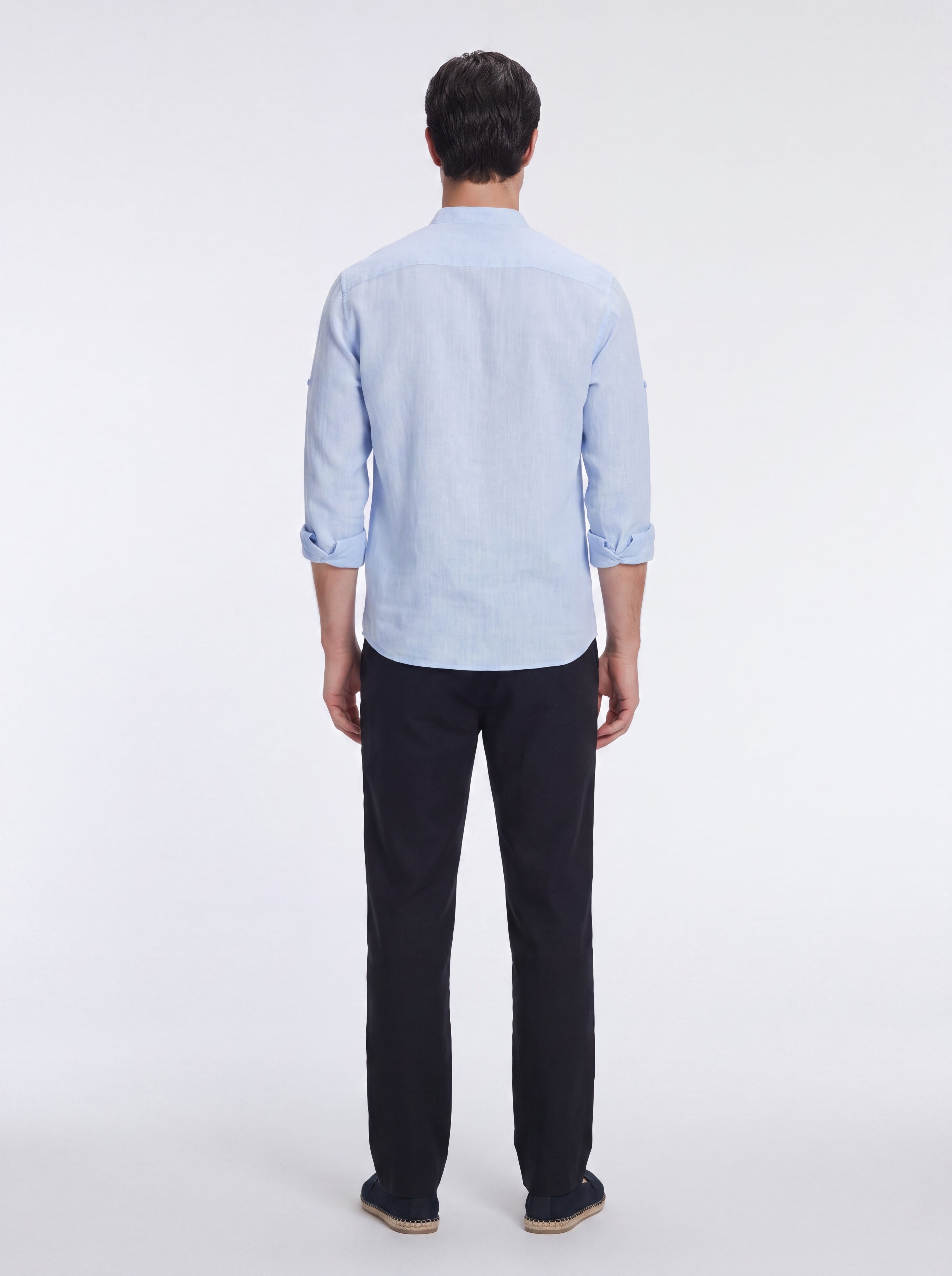 Matteo Baby Blue Linen Half-Placket Band Collar Shirt