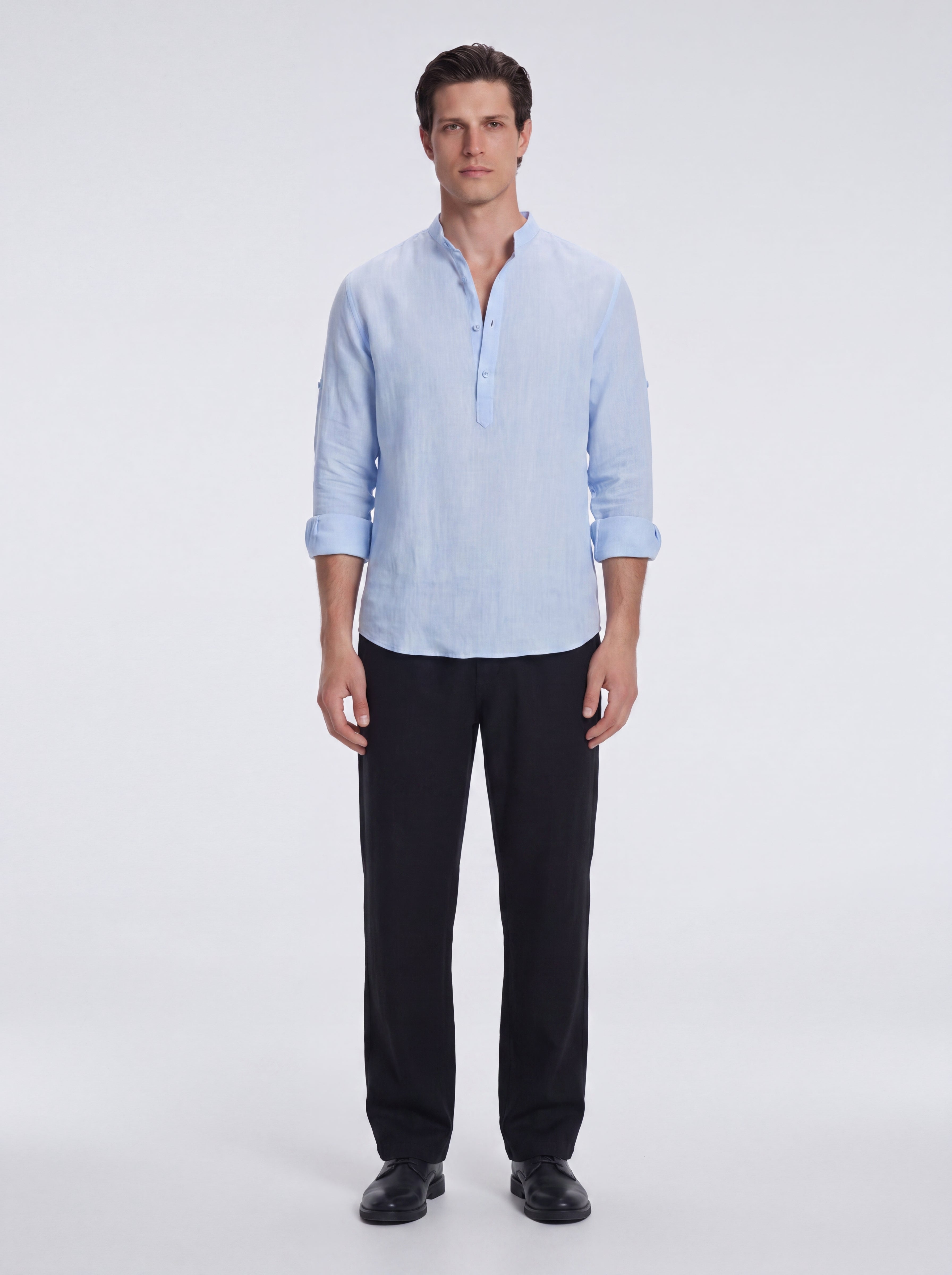 Matteo Baby Blue Linen Half-Placket Band Collar Shirt