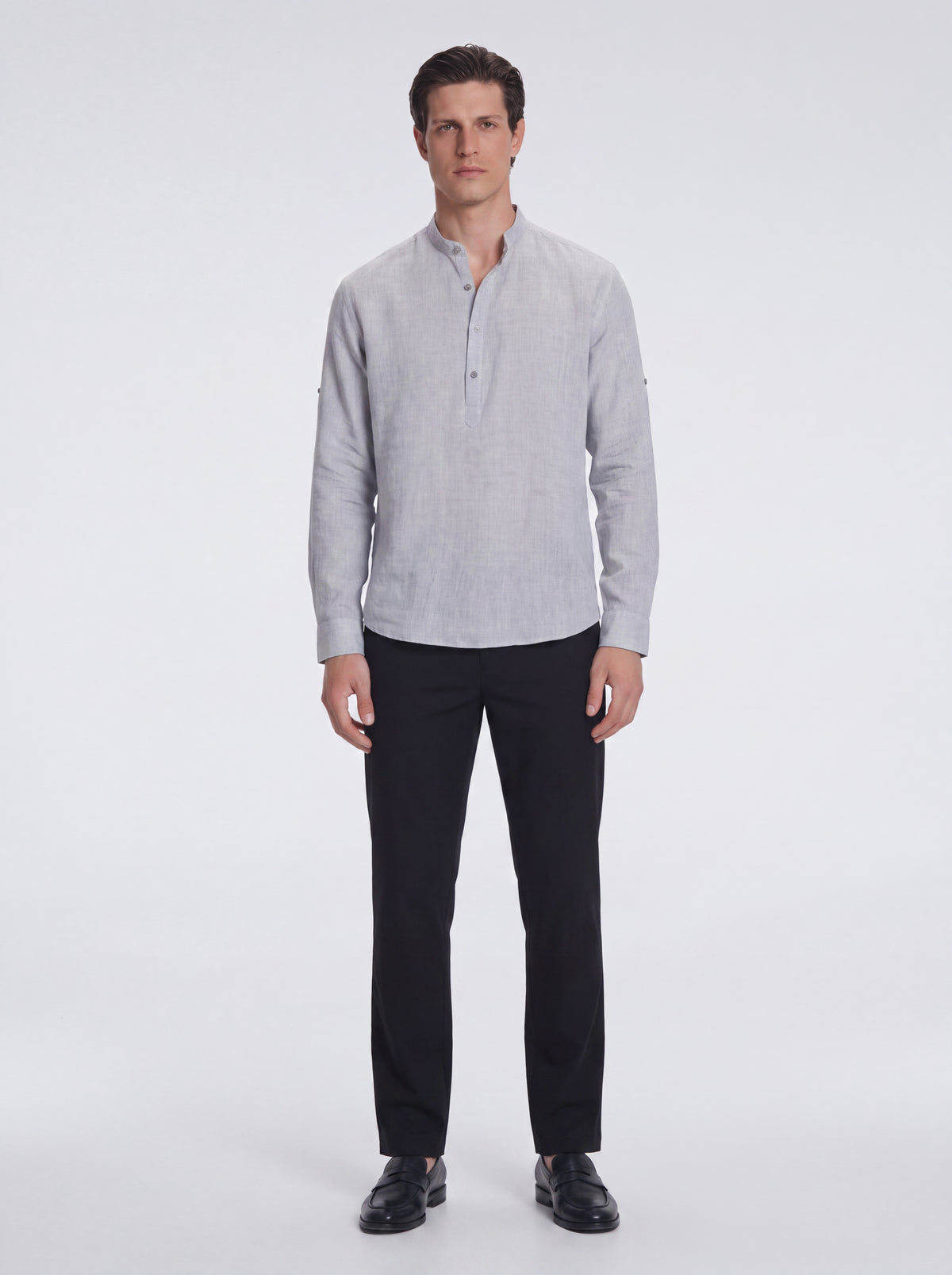 Matteo Grey Linen Half-Placket Band Collar Shirt | Moeva | Shirt | Each week unveils new pieces—luxury swimwear, fluid resort silhouettes, and elevated summer-to-evening essentials designed to carry you from coastal escapes to city nights.