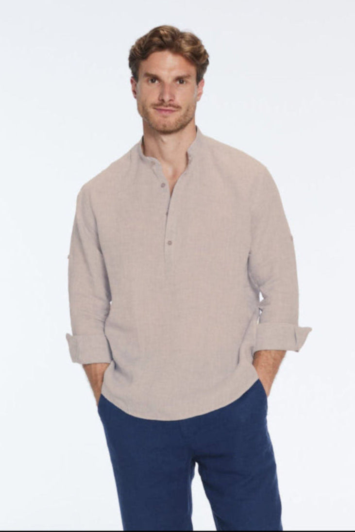 Matteo Khaki Linen Half-Placket Band Collar Shirt | Moeva | Men Mandarin Collar Shirts | Each week unveils new pieces—luxury swimwear, fluid resort silhouettes, and elevated summer-to-evening essentials designed to carry you from coastal escapes to city nights.