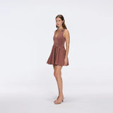 Meditara Brown Knit Mini Dress with Flared Skirt and Gold Button Details | Moeva | RTW Dresses | Each week unveils new pieces—luxury swimwear, fluid resort silhouettes, and elevated summer-to-evening essentials designed to carry you from coastal escapes to city nights.