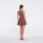 Meditara Brown Knit Mini Dress with Flared Skirt and Gold Button Details | Moeva | RTW Dresses | Each week unveils new pieces—luxury swimwear, fluid resort silhouettes, and elevated summer-to-evening essentials designed to carry you from coastal escapes to city nights.