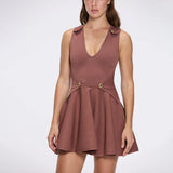 Meditara Brown Knit Mini Dress with Flared Skirt and Gold Button Details | Moeva | RTW Dresses | Each week unveils new pieces—luxury swimwear, fluid resort silhouettes, and elevated summer-to-evening essentials designed to carry you from coastal escapes to city nights.