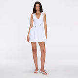 Meditara White Knit Mini Dress with Flared Skirt and Gold Button Details | Moeva | RTW Dresses | Each week unveils new pieces—luxury swimwear, fluid resort silhouettes, and elevated summer-to-evening essentials designed to carry you from coastal escapes to city nights.