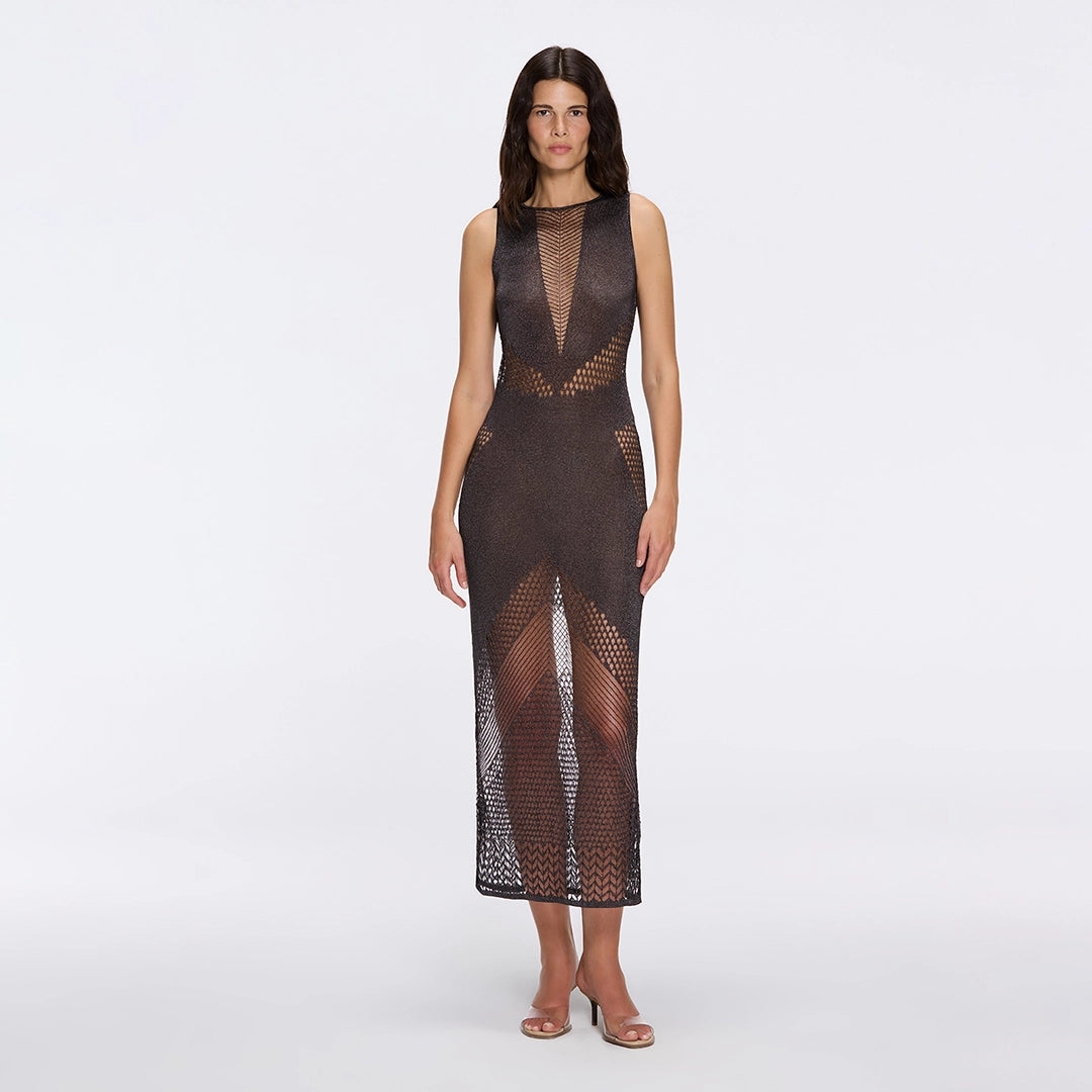 Nerida Black Mesh Knit Ankle-Length Dress with Fringe Details | Moeva | Dress | Each week unveils new pieces—luxury swimwear, fluid resort silhouettes, and elevated summer-to-evening essentials designed to carry you from coastal escapes to city nights.
