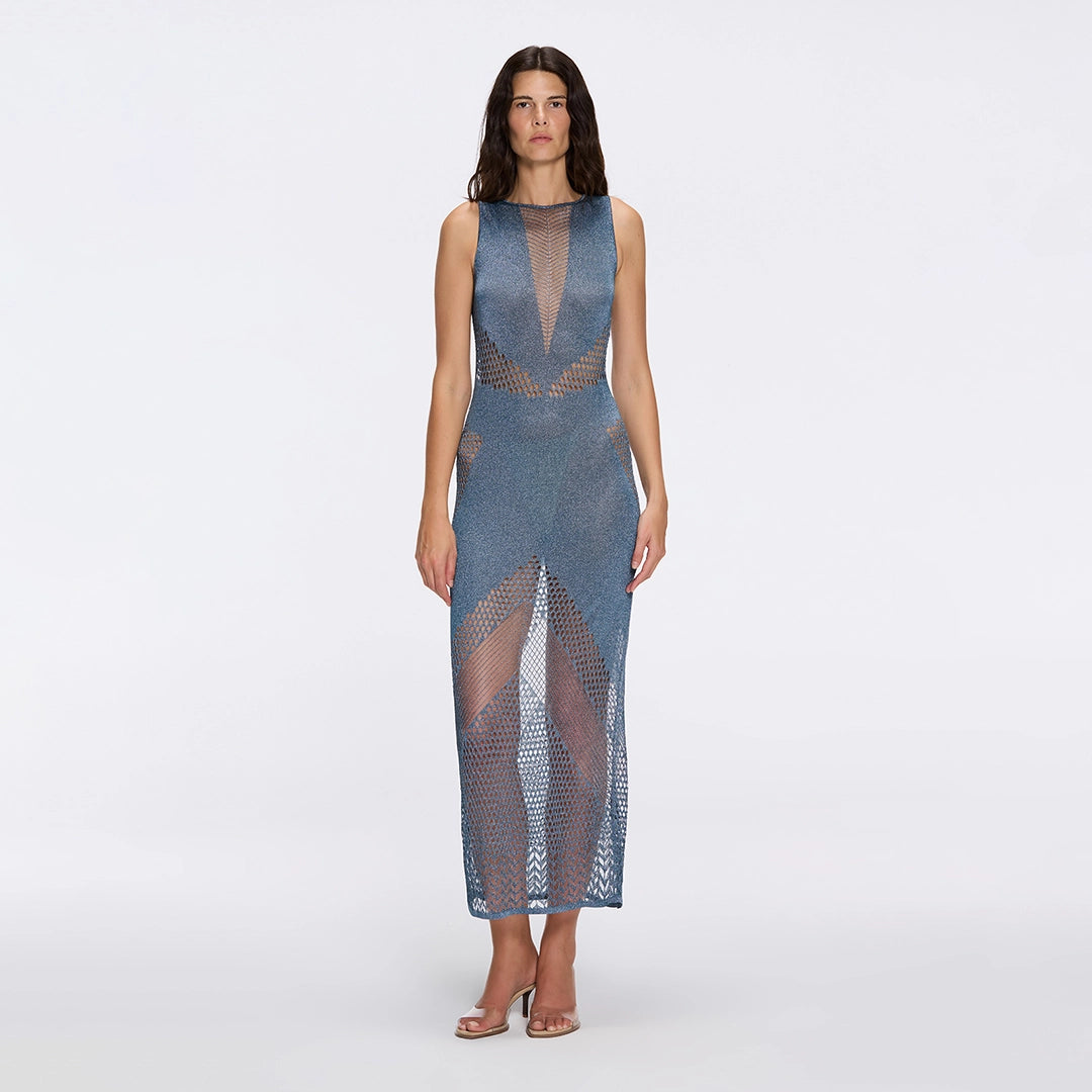 Nerida Blue Mesh Knit Ankle-Length Dress with Fringe Details | Moeva | Dress | Each week unveils new pieces—luxury swimwear, fluid resort silhouettes, and elevated summer-to-evening essentials designed to carry you from coastal escapes to city nights.