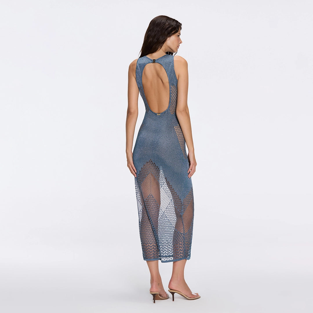 Nerida Blue Mesh Knit Ankle-Length Dress with Fringe Details | Moeva | Dress | Each week unveils new pieces—luxury swimwear, fluid resort silhouettes, and elevated summer-to-evening essentials designed to carry you from coastal escapes to city nights.
