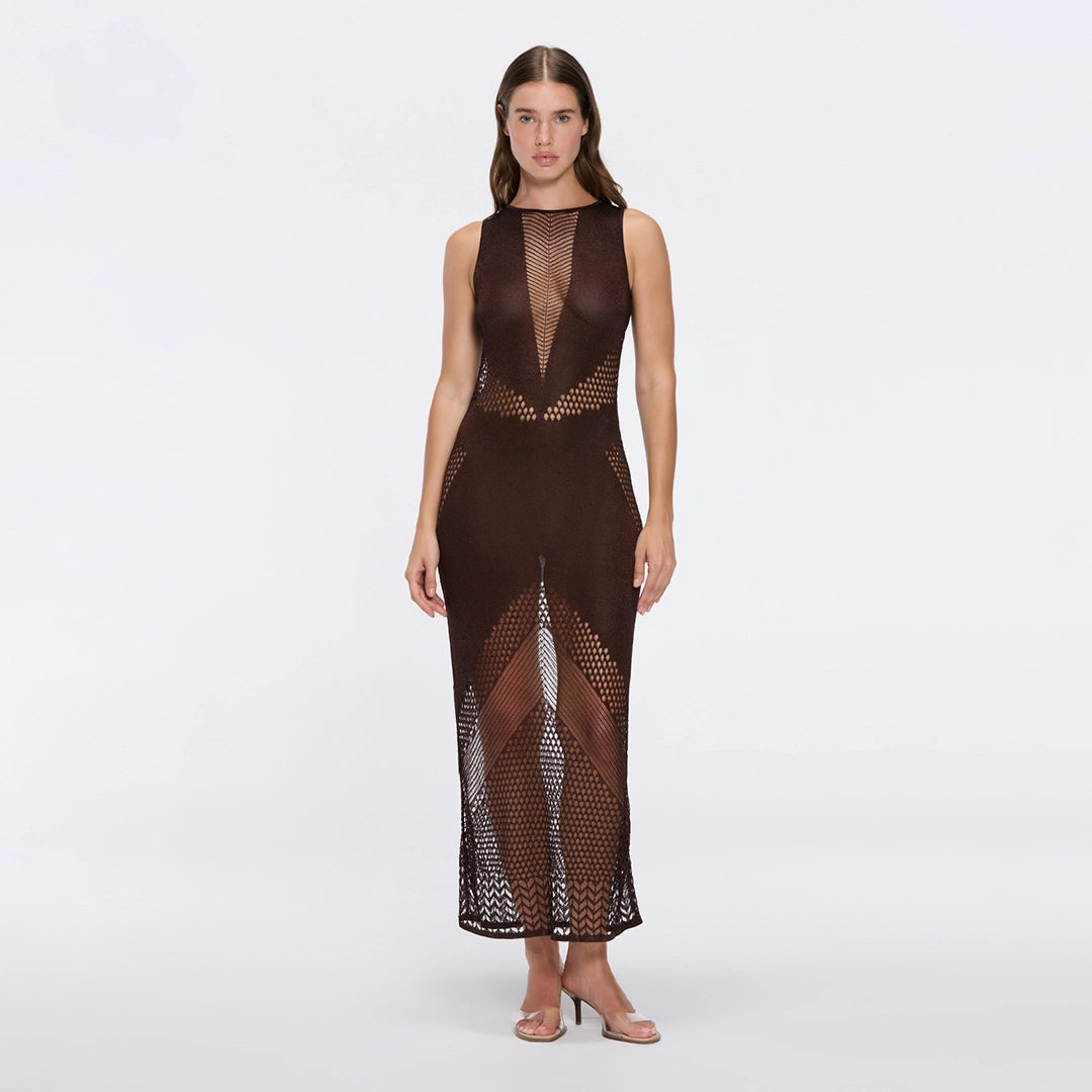 Nerida Brown Mesh Knit Ankle-Length Dress with Fringe Details | Moeva | Dress | Each week unveils new pieces—luxury swimwear, fluid resort silhouettes, and elevated summer-to-evening essentials designed to carry you from coastal escapes to city nights.