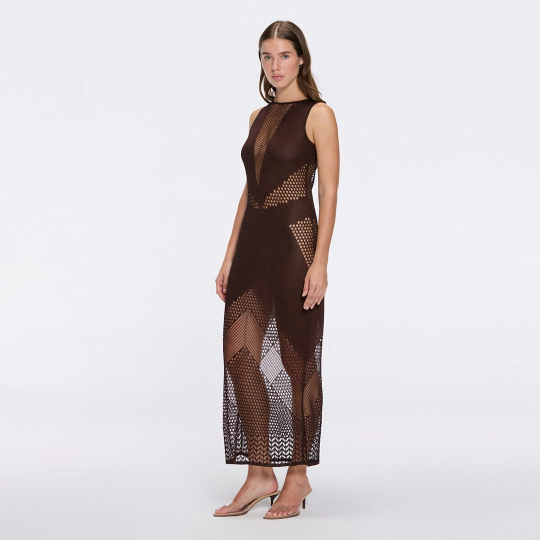Nerida Brown Mesh Knit Ankle-Length Dress with Fringe Details | Moeva | Dress | Each week unveils new pieces—luxury swimwear, fluid resort silhouettes, and elevated summer-to-evening essentials designed to carry you from coastal escapes to city nights.