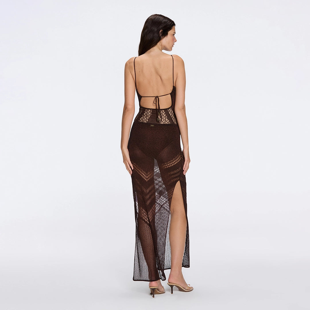 Mercantour Metallic Knit High-Waist Maxi Brown Skirt | Moeva | Skirt | Each week unveils new pieces—luxury swimwear, fluid resort silhouettes, and elevated summer-to-evening essentials designed to carry you from coastal escapes to city nights.