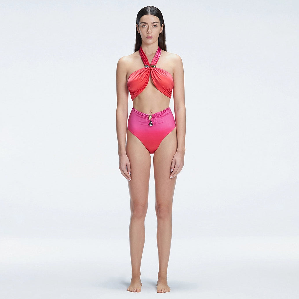 Meredith Gradient Halter High Waist Satin Bikini Set | Moeva | Bikini Set | Each week unveils new pieces—luxury swimwear, fluid resort silhouettes, and elevated summer-to-evening essentials designed to carry you from coastal escapes to city nights.