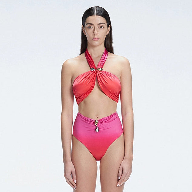 Meredith Gradient Halter High Waist Satin Bikini Set | Moeva | Bikini Set | Each week unveils new pieces—luxury swimwear, fluid resort silhouettes, and elevated summer-to-evening essentials designed to carry you from coastal escapes to city nights.