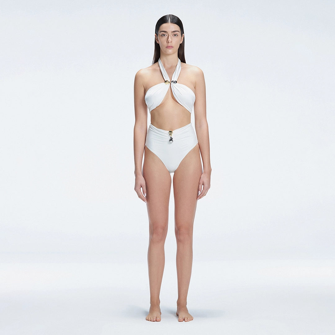 Meredith White Halter High Waist Satin Bikini Set | Moeva | Bikini Sets | Each week unveils new pieces—luxury swimwear, fluid resort silhouettes, and elevated summer-to-evening essentials designed to carry you from coastal escapes to city nights.