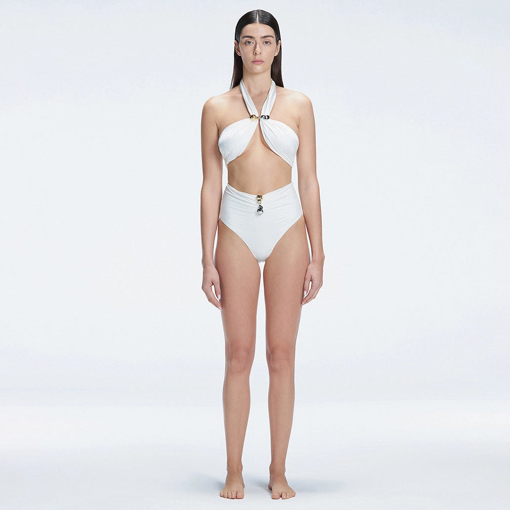Meredith White Halter High Waist Satin Bikini Set | Moeva | Bikini Set | Each week unveils new pieces—luxury swimwear, fluid resort silhouettes, and elevated summer-to-evening essentials designed to carry you from coastal escapes to city nights.