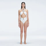 Meredith White Halter High Waist Satin Bikini Set | Moeva | Bikini Sets | Each week unveils new pieces—luxury swimwear, fluid resort silhouettes, and elevated summer-to-evening essentials designed to carry you from coastal escapes to city nights.