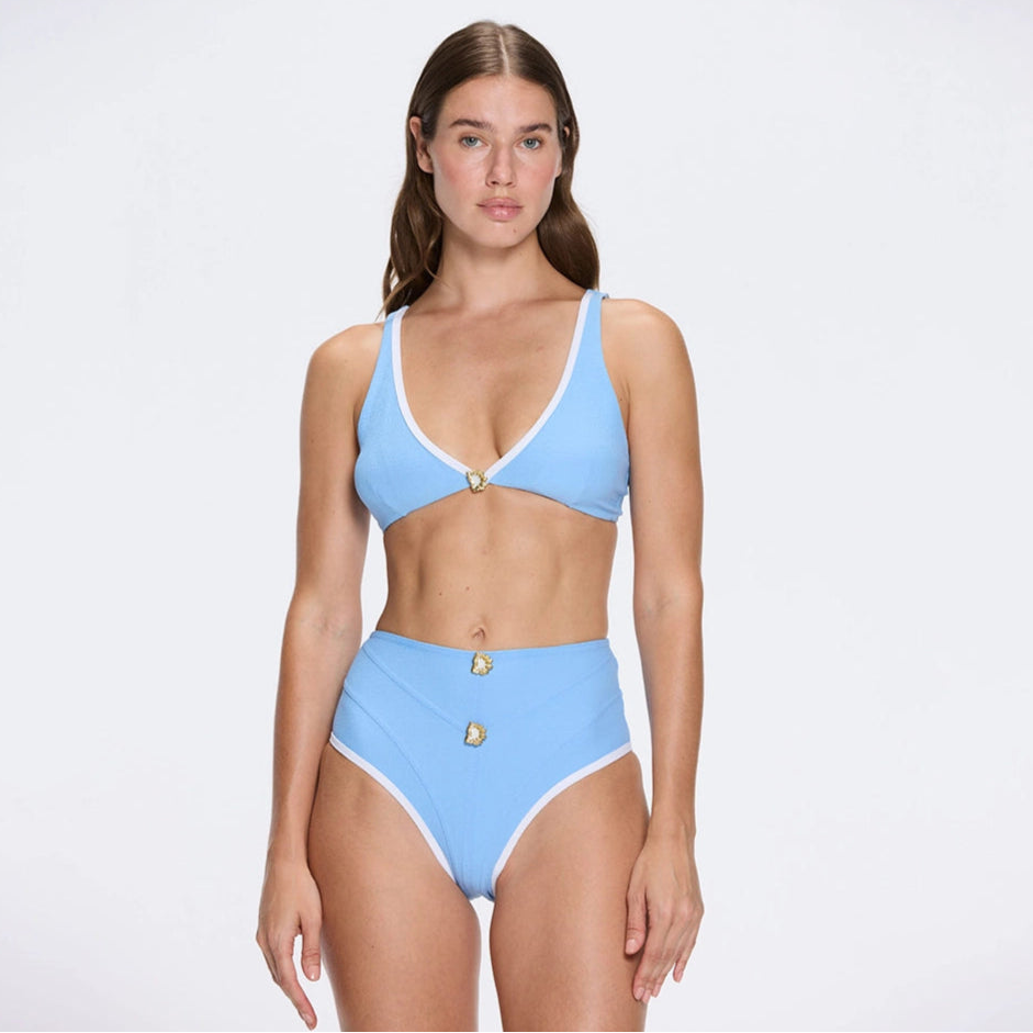 Merrin Baby Blue-White V Neck Textured Bikini Top | Moeva | Bikini Top | Each week unveils new pieces—luxury swimwear, fluid resort silhouettes, and elevated summer-to-evening essentials designed to carry you from coastal escapes to city nights.