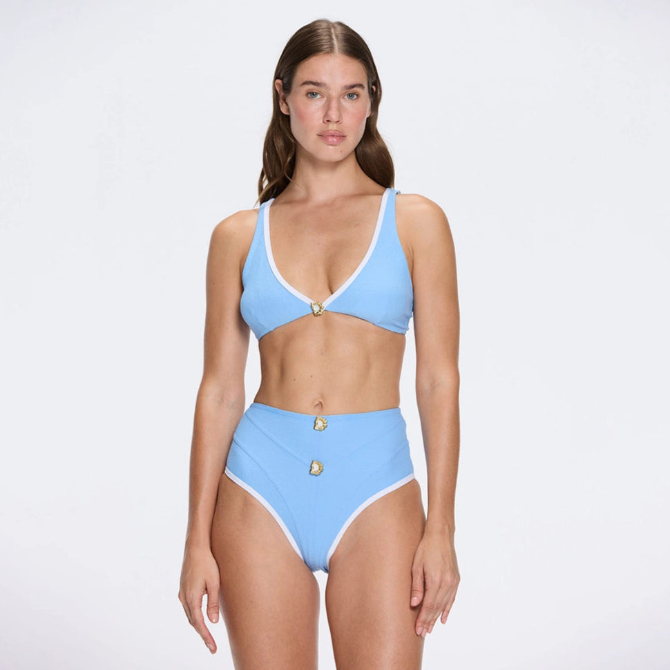 Merrin Blue-White V Neck High Waist Textured Bikini Set | Moeva | Bikini Sets | Each week unveils new pieces—luxury swimwear, fluid resort silhouettes, and elevated summer-to-evening essentials designed to carry you from coastal escapes to city nights.
