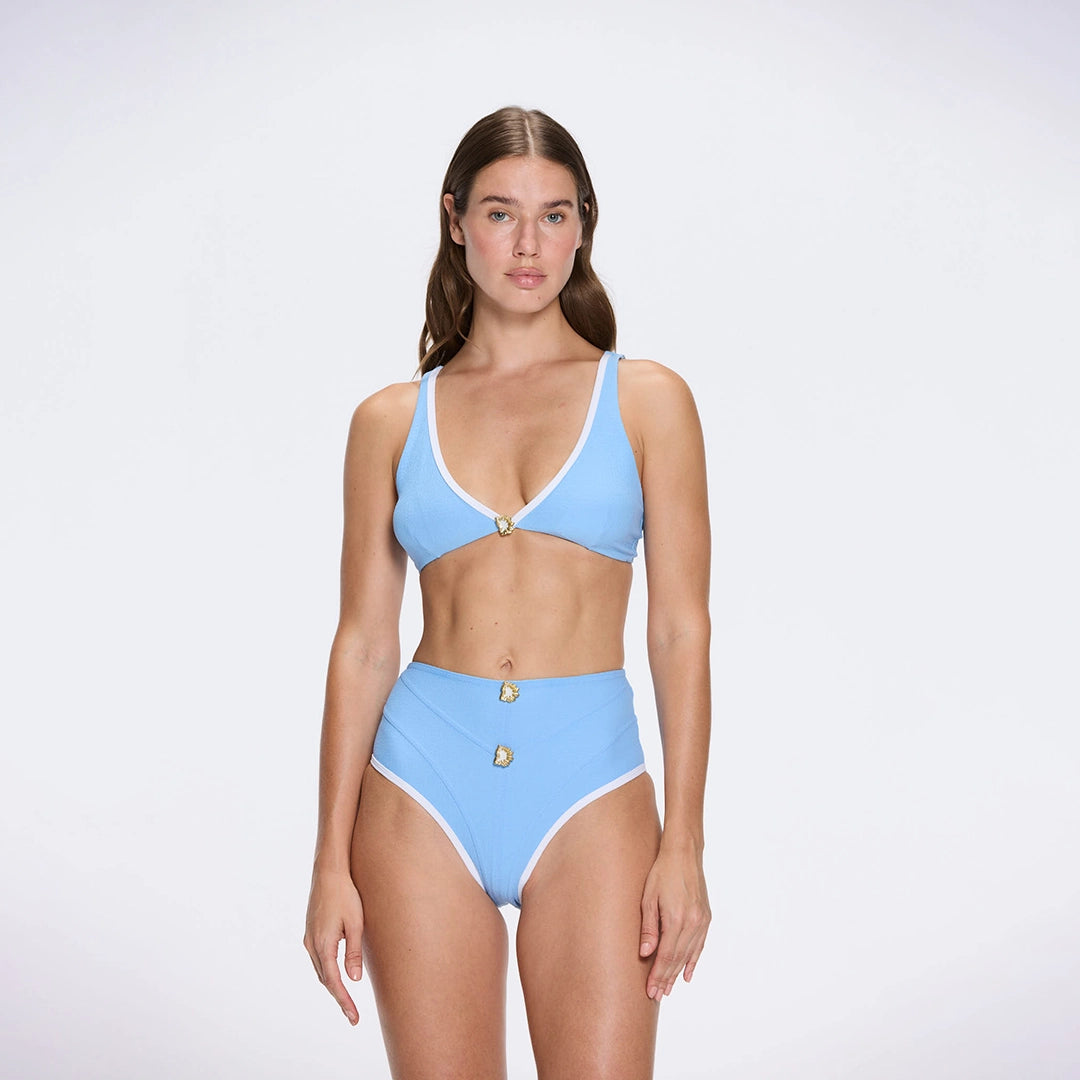 Merrin Blue-White V Neck High Waist Textured Bikini Set | Moeva | Bikini Sets | Each week unveils new pieces—luxury swimwear, fluid resort silhouettes, and elevated summer-to-evening essentials designed to carry you from coastal escapes to city nights.