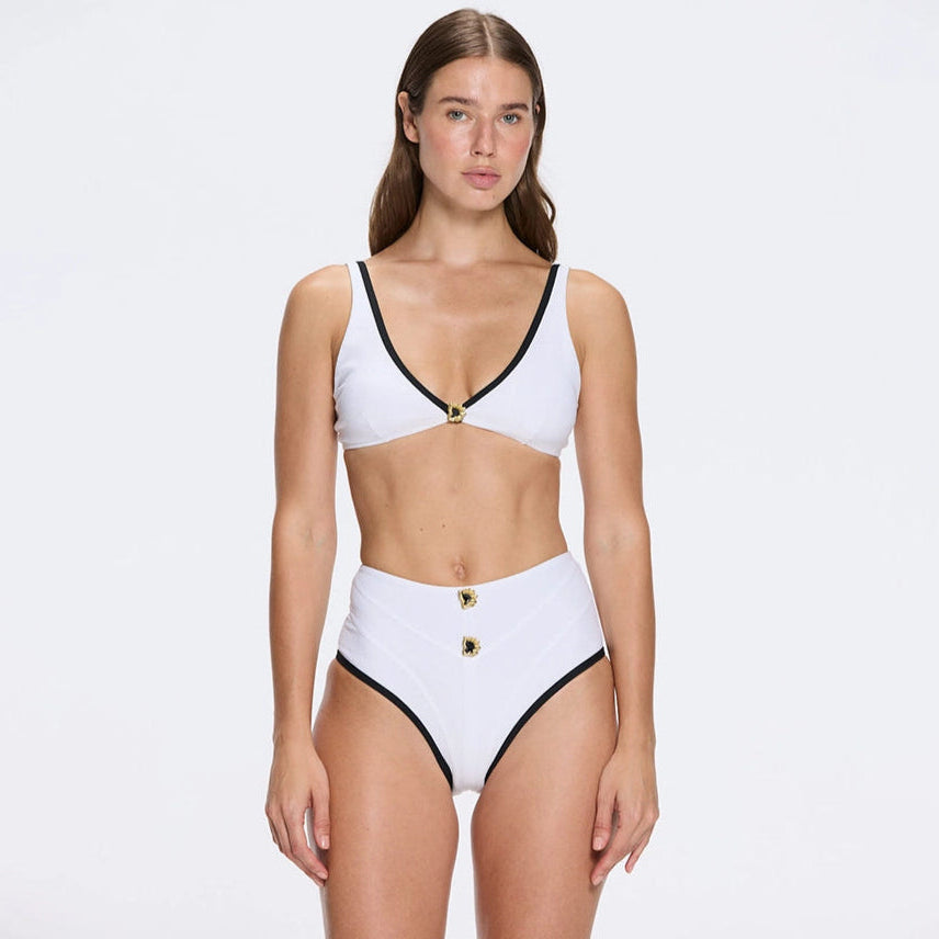 Merrin White-Black V Neck High Waist Textured Bikini Set | Moeva | Bikini Set | Each week unveils new pieces—luxury swimwear, fluid resort silhouettes, and elevated summer-to-evening essentials designed to carry you from coastal escapes to city nights.