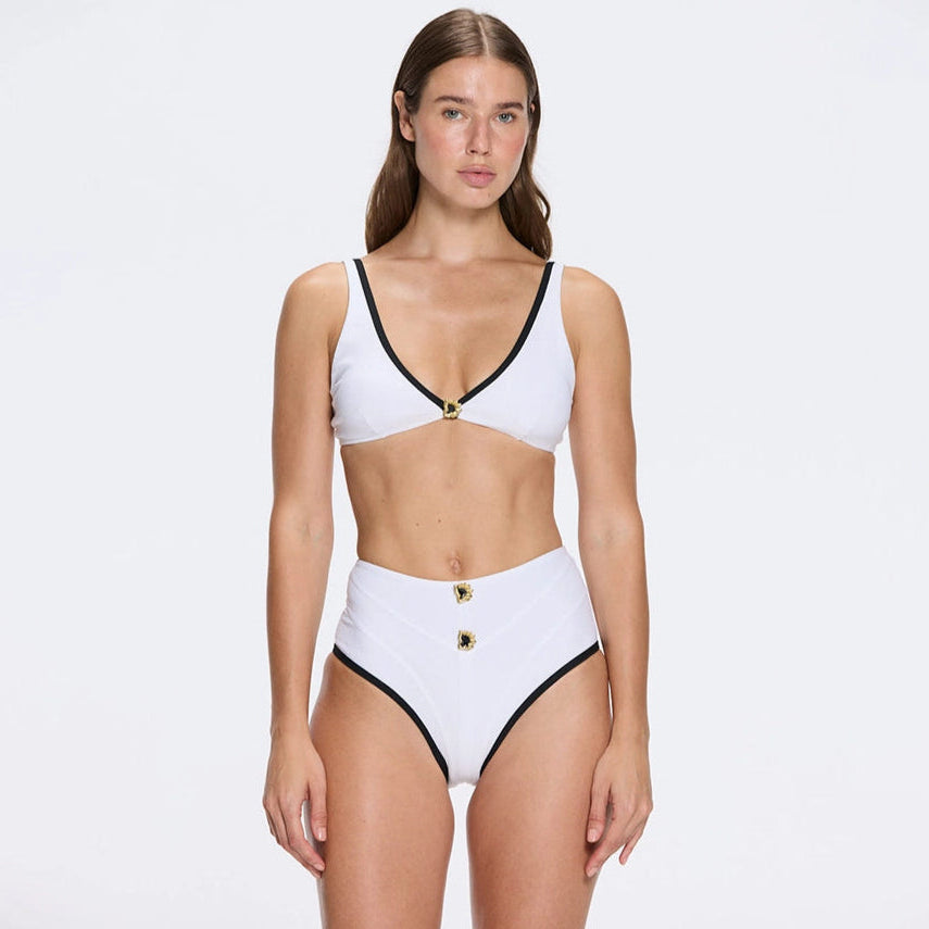 Merrin White-Black High Waist Buttoned Bikini Bottom | Moeva | Bikini Bottom | Each week unveils new pieces—luxury swimwear, fluid resort silhouettes, and elevated summer-to-evening essentials designed to carry you from coastal escapes to city nights.