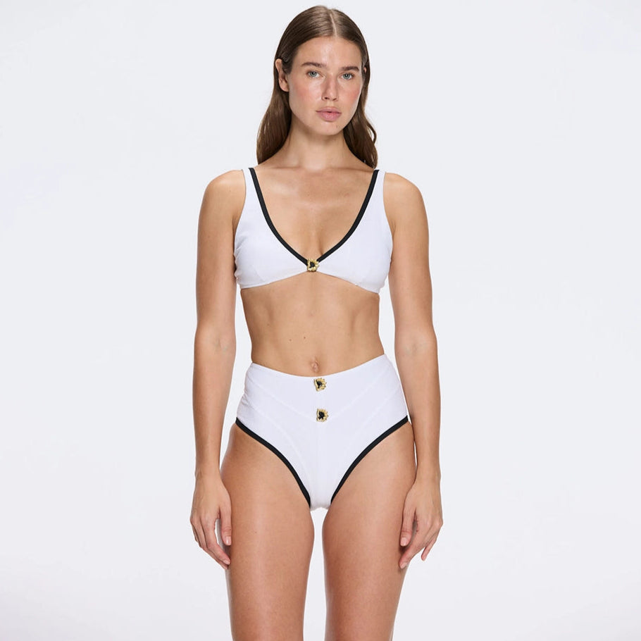 Merrin White-Black High Waist Buttoned Bikini Bottom | Moeva | Bikini Bottom | Each week unveils new pieces—luxury swimwear, fluid resort silhouettes, and elevated summer-to-evening essentials designed to carry you from coastal escapes to city nights.