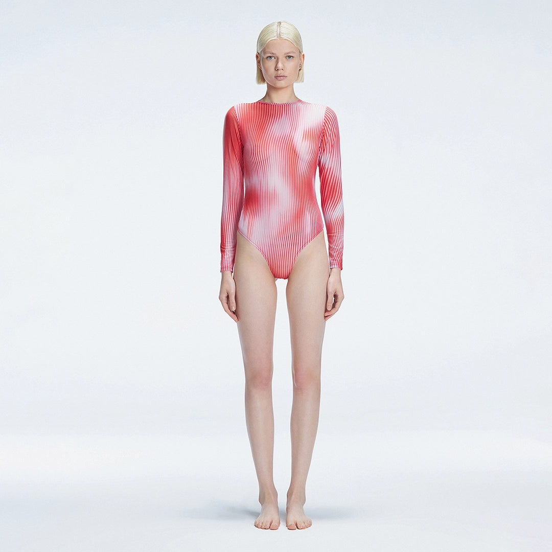 Mireya Red Optical Long Sleeve Bodysuit | Moeva | One-Piece | Each week unveils new pieces—luxury swimwear, fluid resort silhouettes, and elevated summer-to-evening essentials designed to carry you from coastal escapes to city nights.