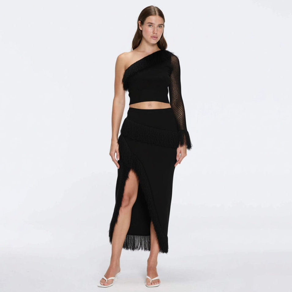 Alani Black Fringe Detail Asymmetric Slit Midi Skirt | Moeva | Skirt | Each week unveils new pieces—luxury swimwear, fluid resort silhouettes, and elevated summer-to-evening essentials designed to carry you from coastal escapes to city nights.