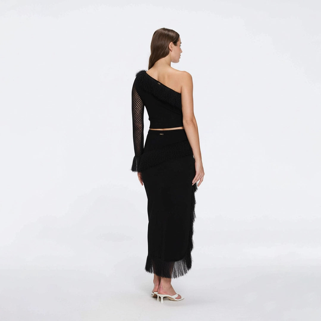 Monroe & Alani Fringe Asymmetric Knit Black Set | Moeva | Set | Each week unveils new pieces—luxury swimwear, fluid resort silhouettes, and elevated summer-to-evening essentials designed to carry you from coastal escapes to city nights.