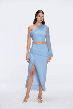 Monroe Blue One-Shoulder Knit Top with Fringe & Mesh Sleeve | Moeva | RTW Bustiers | Each week unveils new pieces—luxury swimwear, fluid resort silhouettes, and elevated summer-to-evening essentials designed to carry you from coastal escapes to city nights.