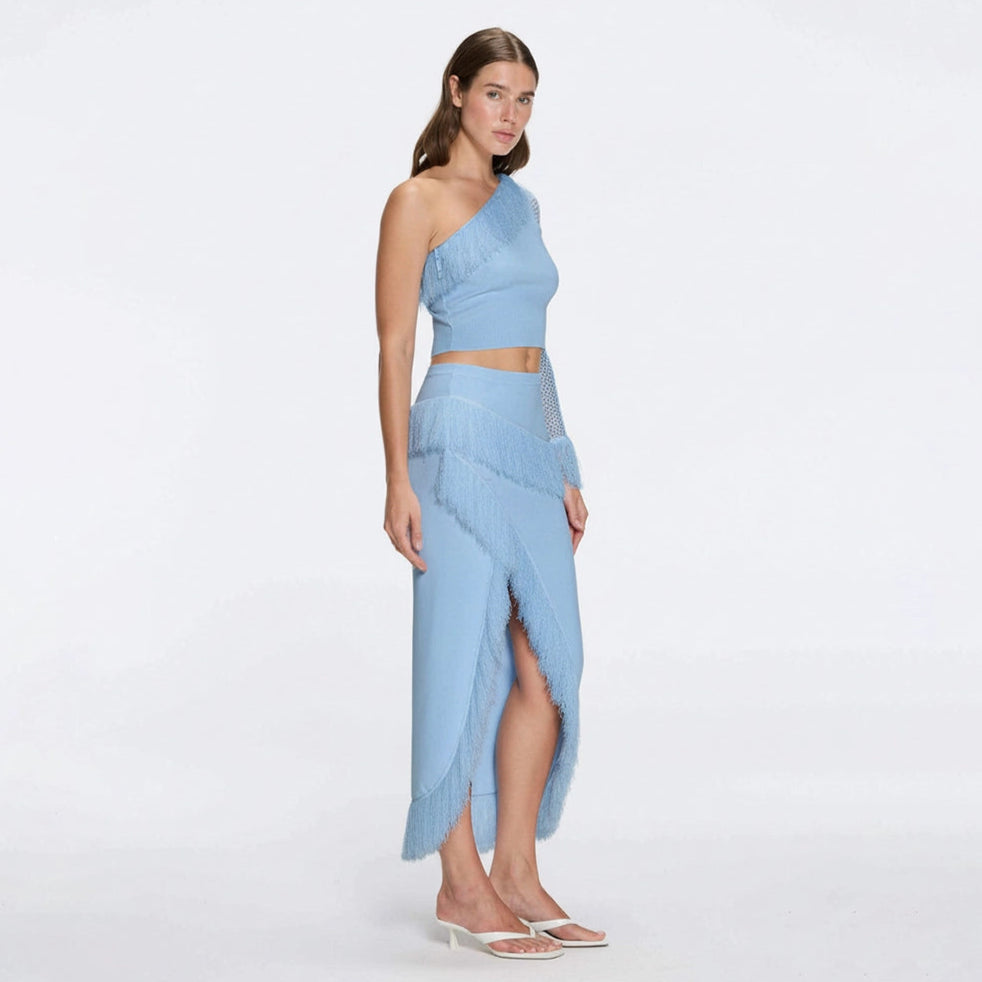 Monroe & Alani Fringe Asymmetric Knit Blue Set | Moeva | Set | Each week unveils new pieces—luxury swimwear, fluid resort silhouettes, and elevated summer-to-evening essentials designed to carry you from coastal escapes to city nights.