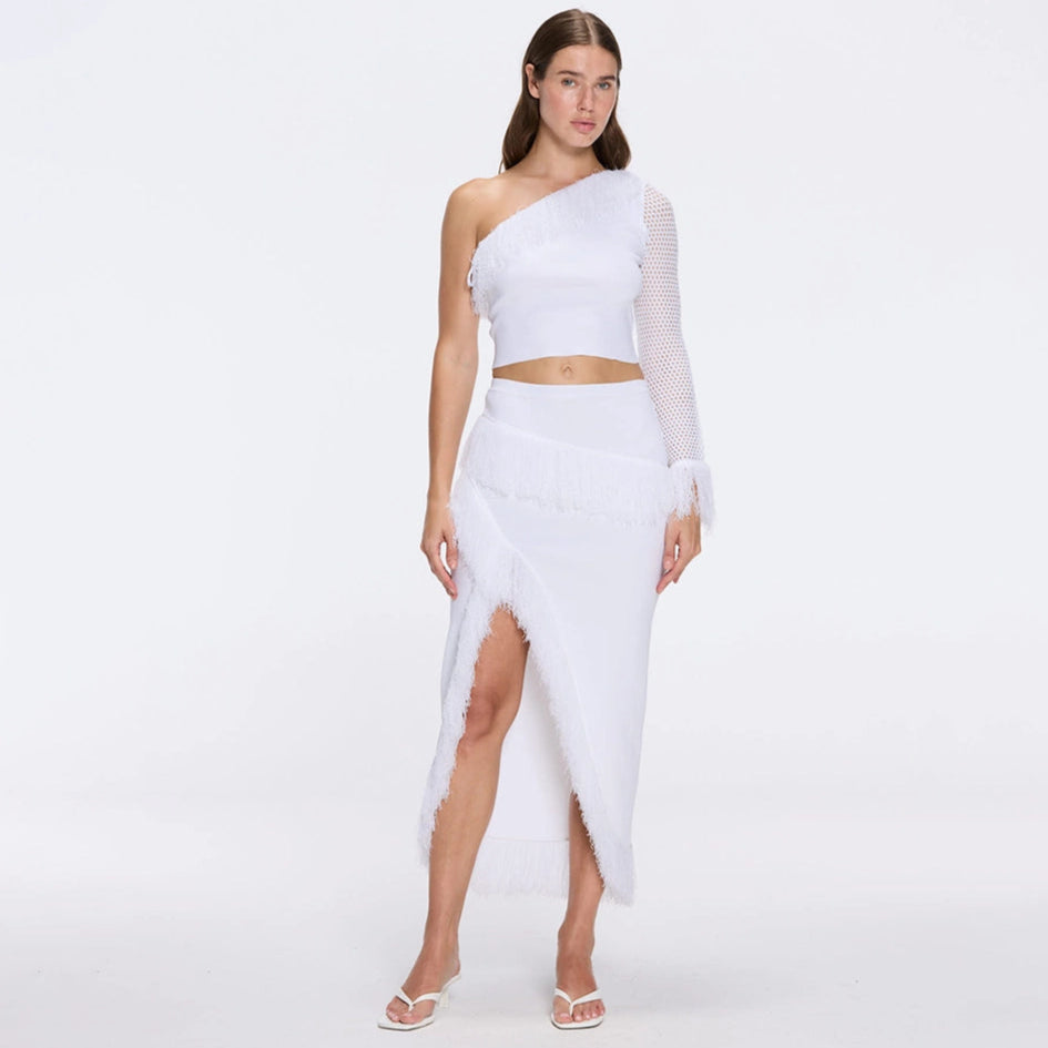 Monroe & Alani Fringe Asymmetric Knit White Set | Moeva | Set | Each week unveils new pieces—luxury swimwear, fluid resort silhouettes, and elevated summer-to-evening essentials designed to carry you from coastal escapes to city nights.