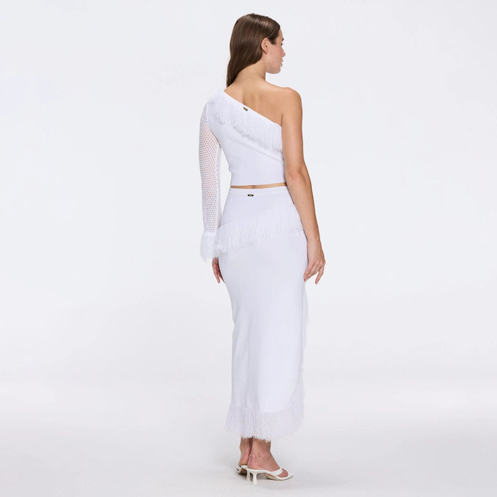 Monroe White One-Shoulder Knit Top with Fringe & Mesh Sleeve | Moeva | RTW Bustiers | Each week unveils new pieces—luxury swimwear, fluid resort silhouettes, and elevated summer-to-evening essentials designed to carry you from coastal escapes to city nights.