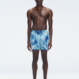 Griffin Blue Sonar Swim Shorts with front tie cords and side piping, laid flat for a detailed view.
