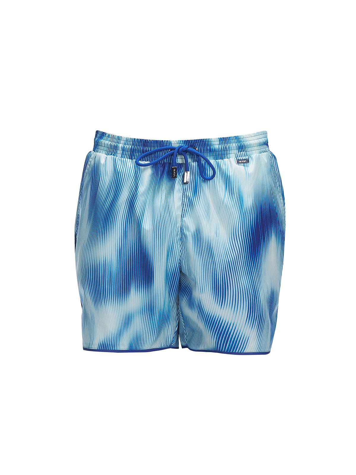 Griffin Blue Sonar Swim Shorts with front tie cords and side piping, laid flat for a detailed view.
