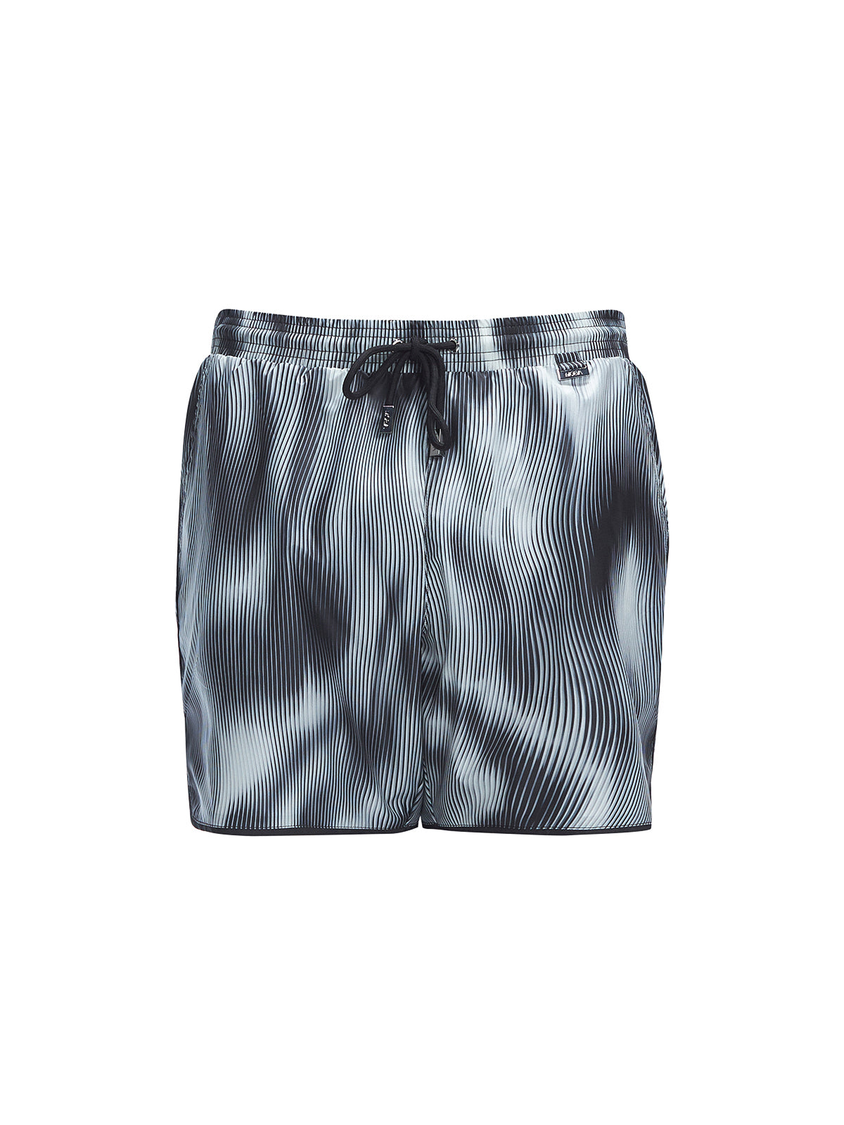 Griffin Black Sonar Swim Shorts with front tie cords, highlighting the sleek black print and side piping detail.
