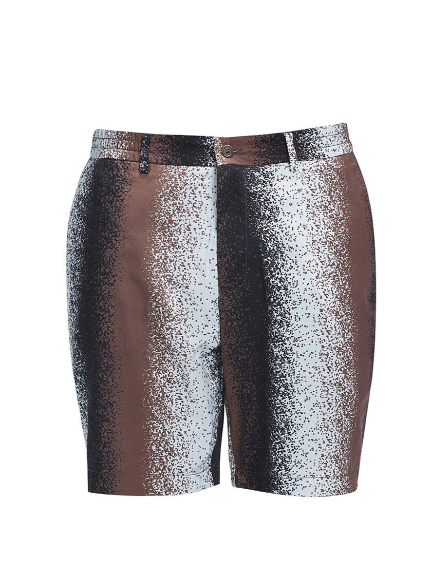Dominic Black Degraded Shorts laid flat, highlighting the part-elasticated waistband and button front closure.
