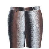 Dominic Black Degraded Shorts laid flat, highlighting the part-elasticated waistband and button front closure.
