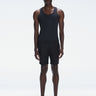 Front view of the model wearing the Phillip Black Tank Top, showing the sleek fit and comfortable cut.
