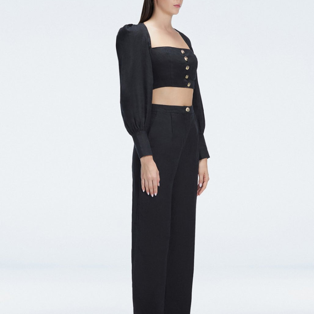 Gemma Black Linen Square Neck - Long Sleeve Crop Top | Moeva | Crop Top | Each week unveils new pieces—luxury swimwear, fluid resort silhouettes, and elevated summer-to-evening essentials designed to carry you from coastal escapes to city nights.