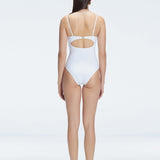 "Back view of the buckle and ruched chest detail on the Zephyrine White Bandeau Swimsuit, showcasing its stylish design."
