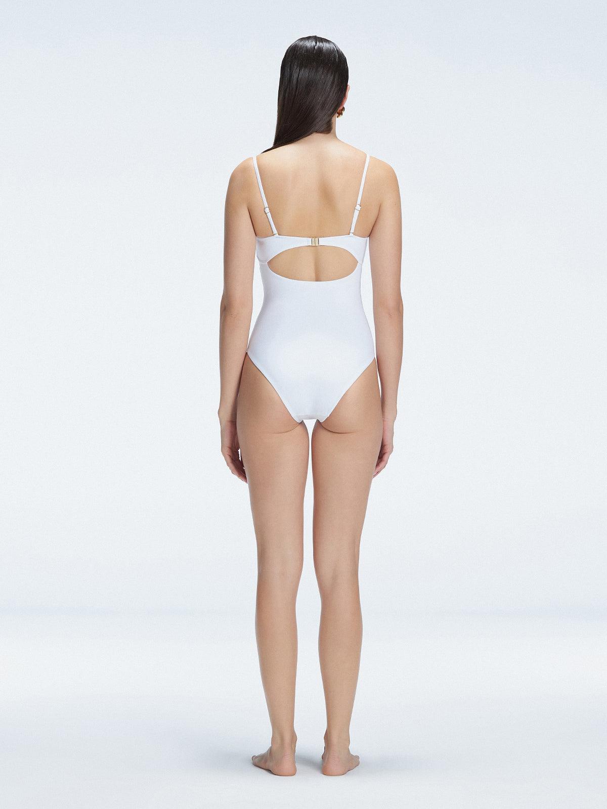 "Back view of the buckle and ruched chest detail on the Zephyrine White Bandeau Swimsuit, showcasing its stylish design."
