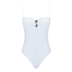 "Zephyrine White Swimsuit laid flat, showcasing the removable straps, buckle, and ruched chest detail."
